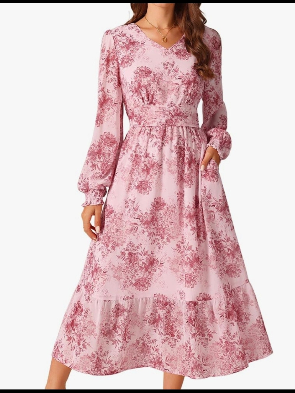 Long Sleeve Floral V Neck Boho Ruffle Tiered Flowy Chiffon Midi Dress